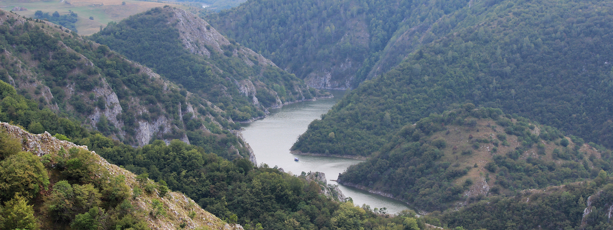 Serbian landscape aerial shot of river and mountains