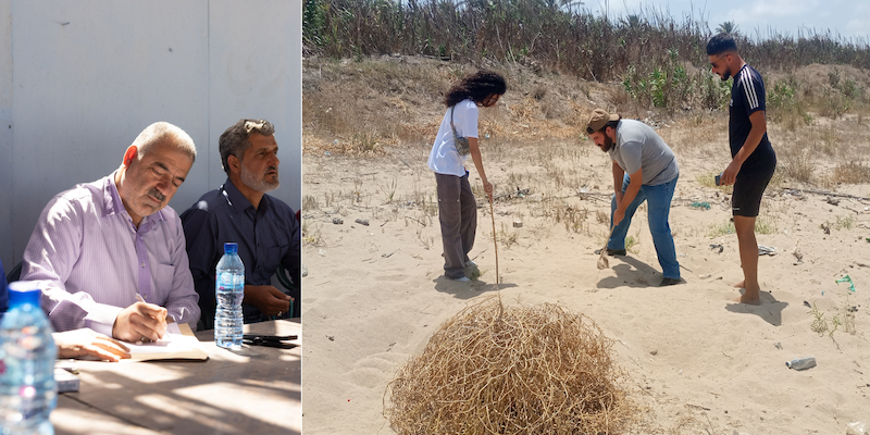 Left: Men take notes during a meeting. Right: Members of the community dig and inspect sand dunes for conservation work Kharayeb, Lebanon.