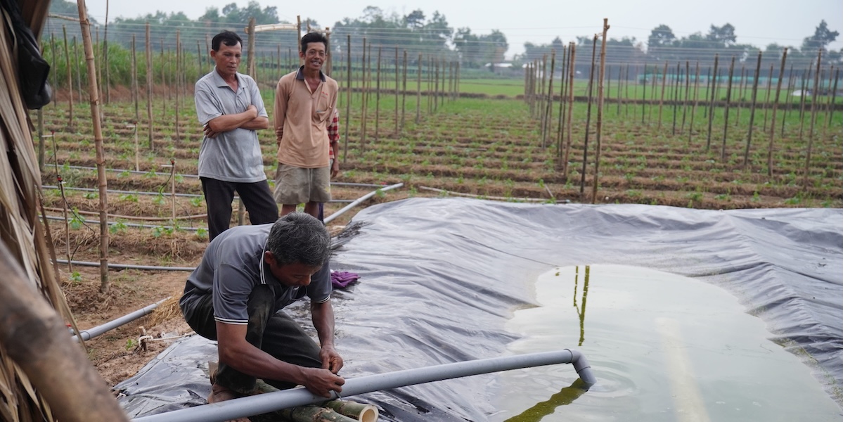 A group of workers work on the water storage and irrigation system of a farm in Viet Nam