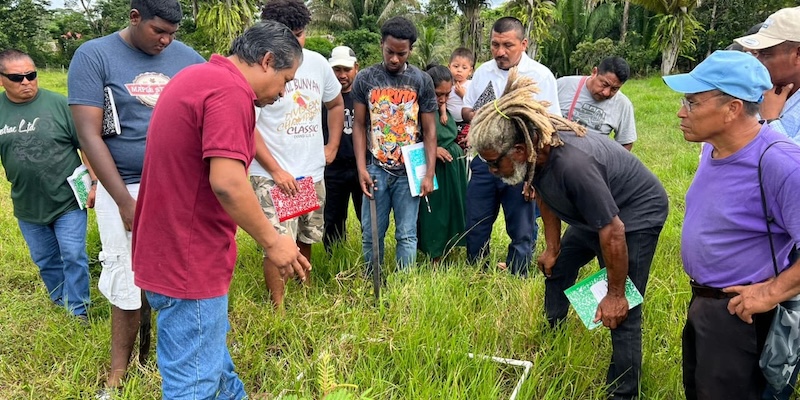 Participants engage in a course about the use of the quadrant as a practical tool for assessing pasture health and estimating biomass at Toledo District, Belize.