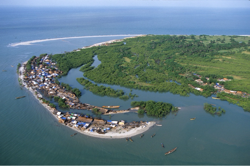 Aerial shot Guinea-Bissau's coastline town 