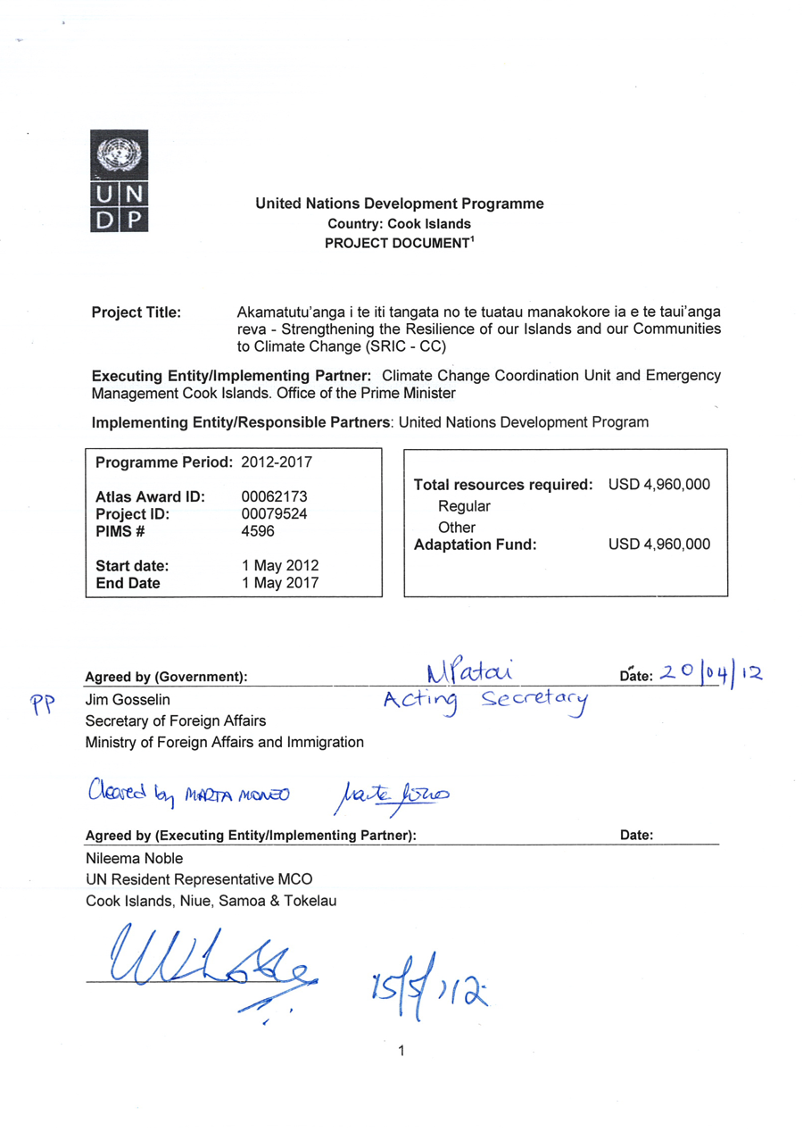 Cook Islands – AF ProDoc Cover Page 2012 | UNDP Climate Change Adaptation