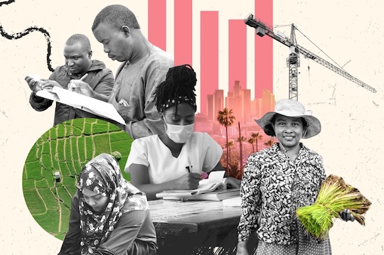 A digital collage with abstract elements showcasing different sectors in National Adaptation Plans